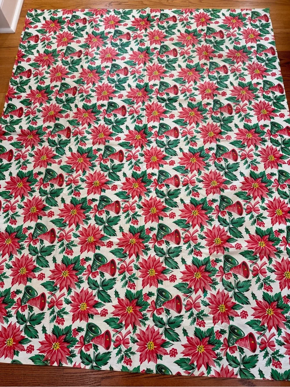 Vintage 1960s vinyl flannel back Christmas tablecloth rectangle 65x51” retro MCM